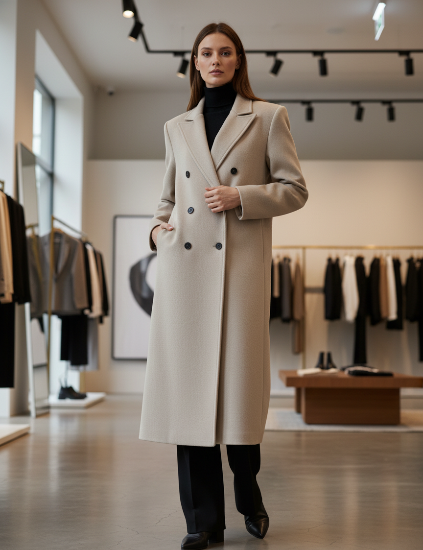 Cream wool blend overcoat front view with black turtleneck and trousers