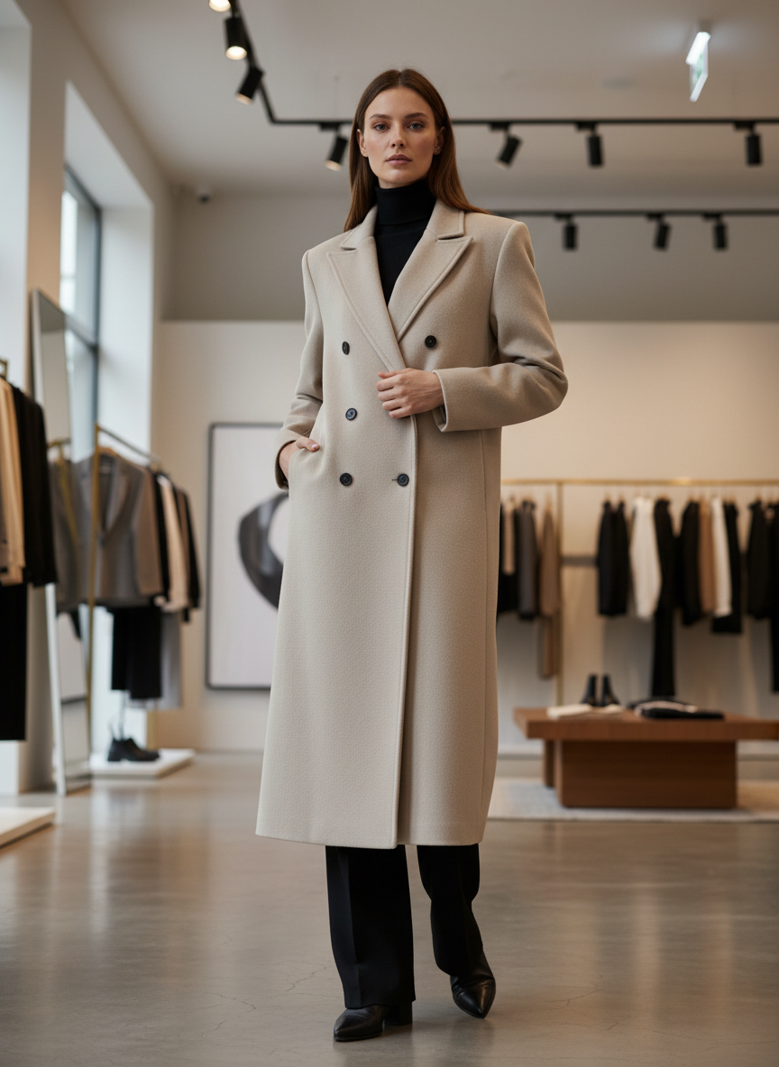 Cream wool blend overcoat front view with black turtleneck and trousers