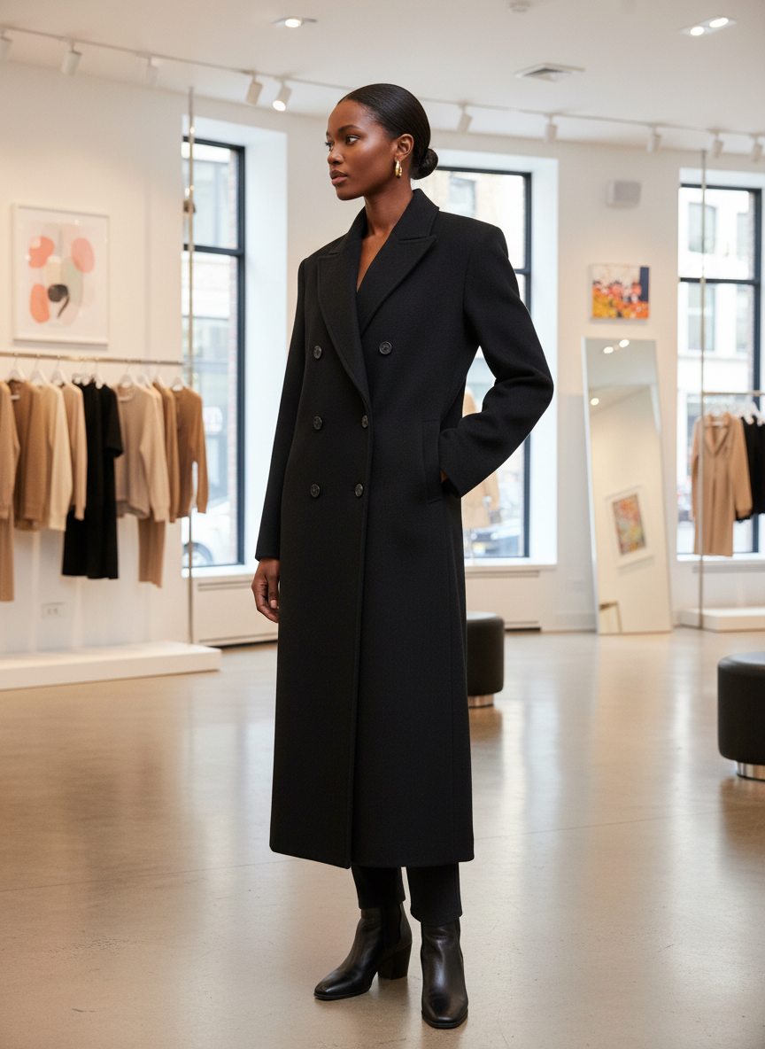 Black wool blend overcoat front view with black trousers and boots