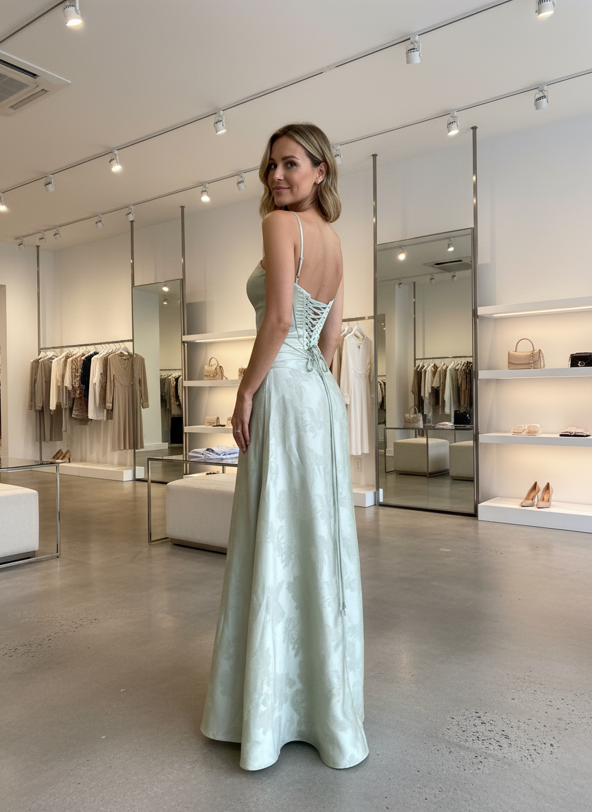 Evening dress light green floral pattern back view