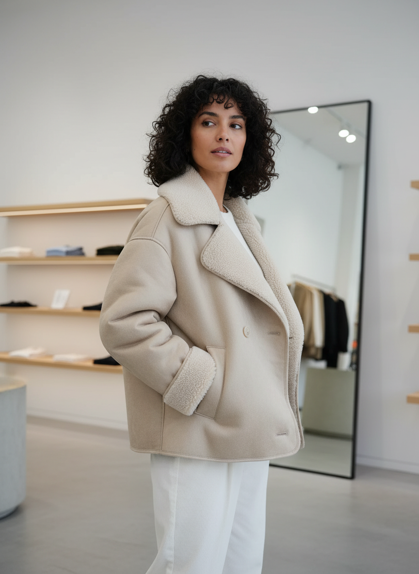 Cream teddy-lined coat side view with white pants