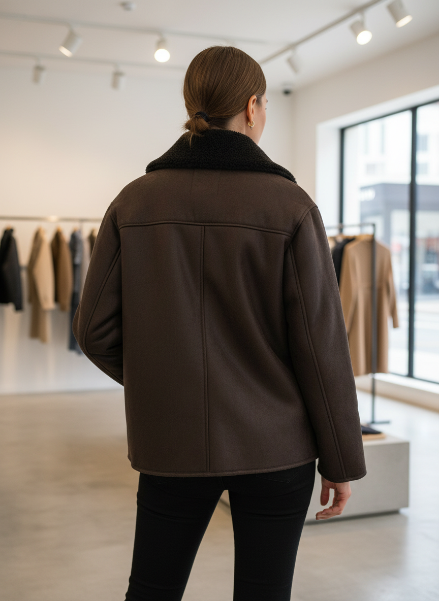 Brown teddy-lined coat back view with black pants