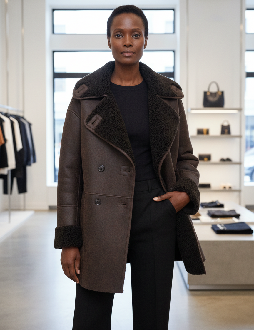 Brown teddy-lined coat front view with black outfit