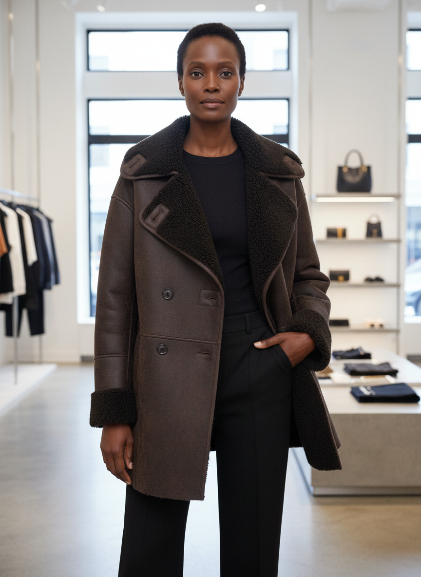 Brown teddy-lined coat front view with black outfit