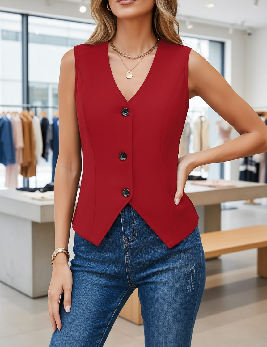 Red sleeveless vest with buttons front view