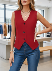 Red sleeveless vest with buttons front view