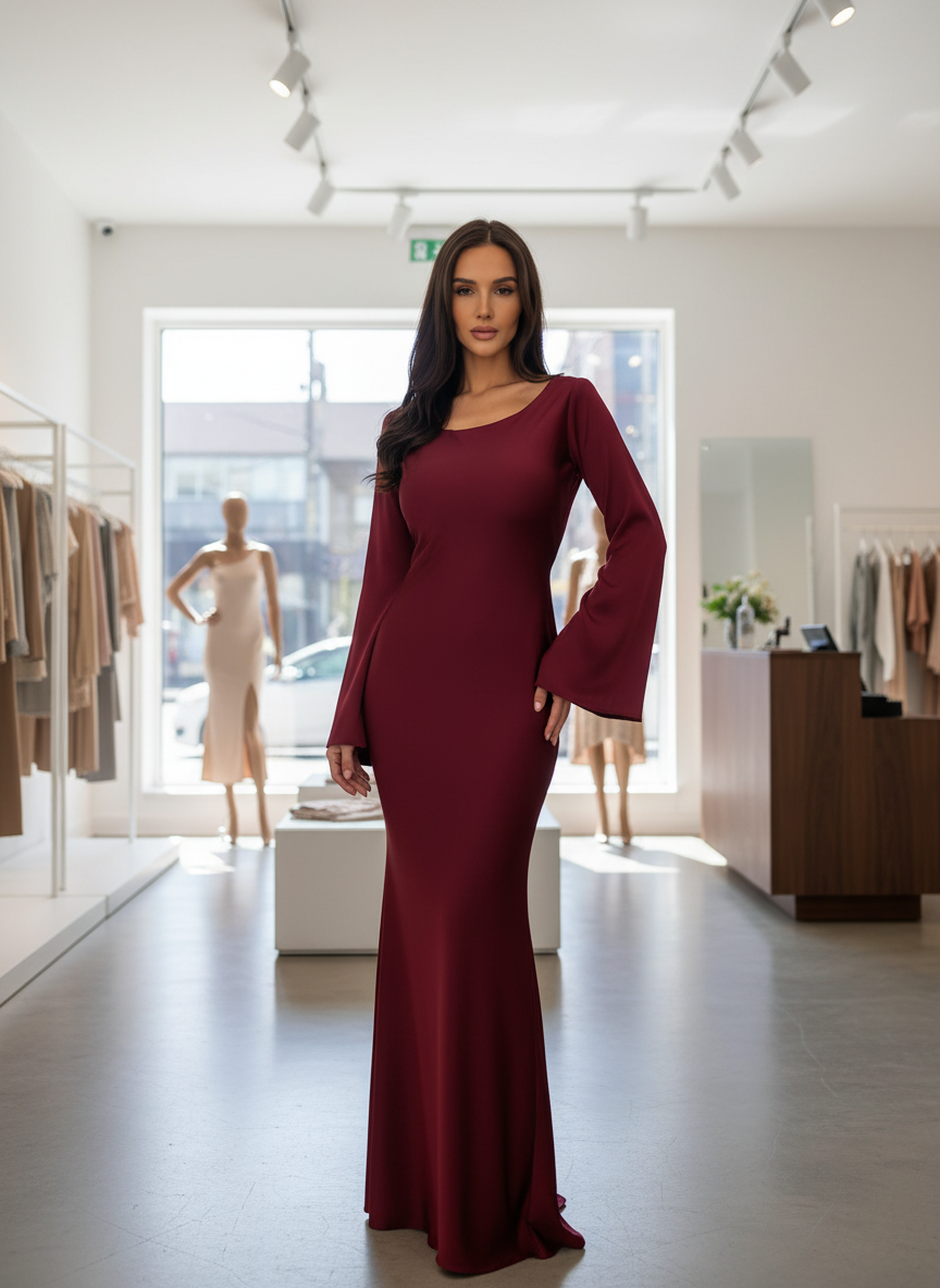 Red maxi dress with bell sleeves front view