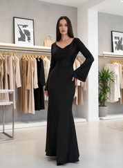 Black maxi dress with bell sleeves side view