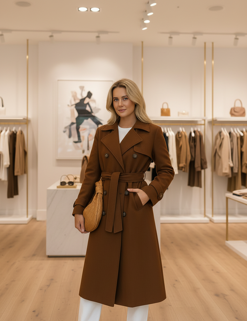 Brown trenchcoat with belt front view