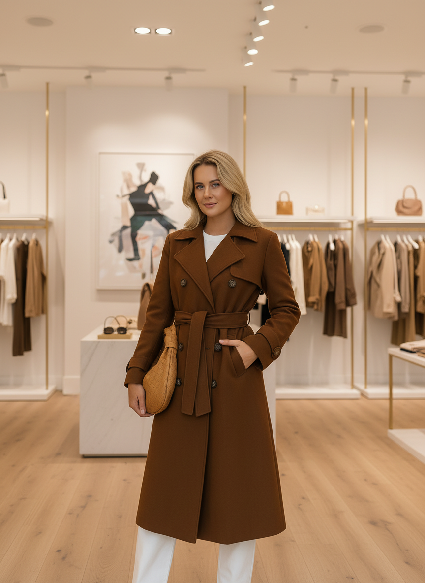 Brown trenchcoat with belt front view
