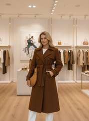 Brown trenchcoat with belt front view