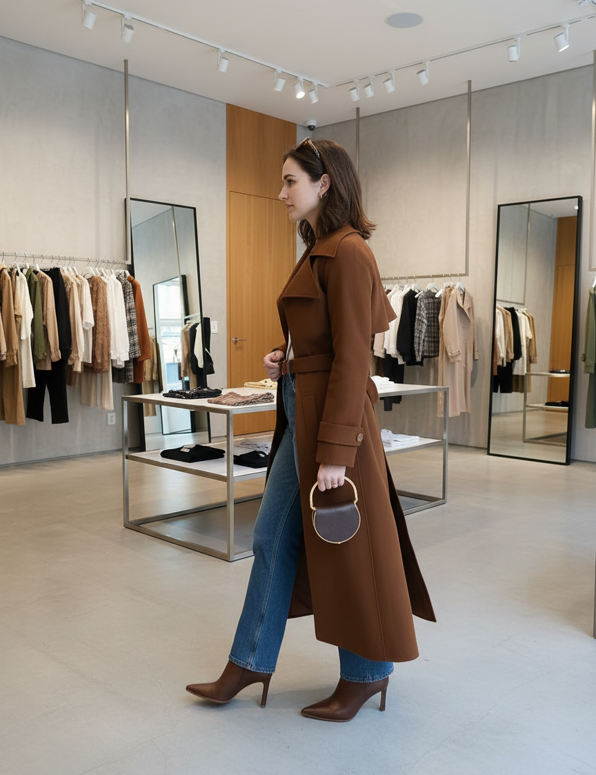 Brown trenchcoat with belt side view