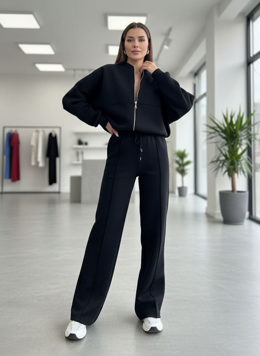 Black fleece tracksuit store front view