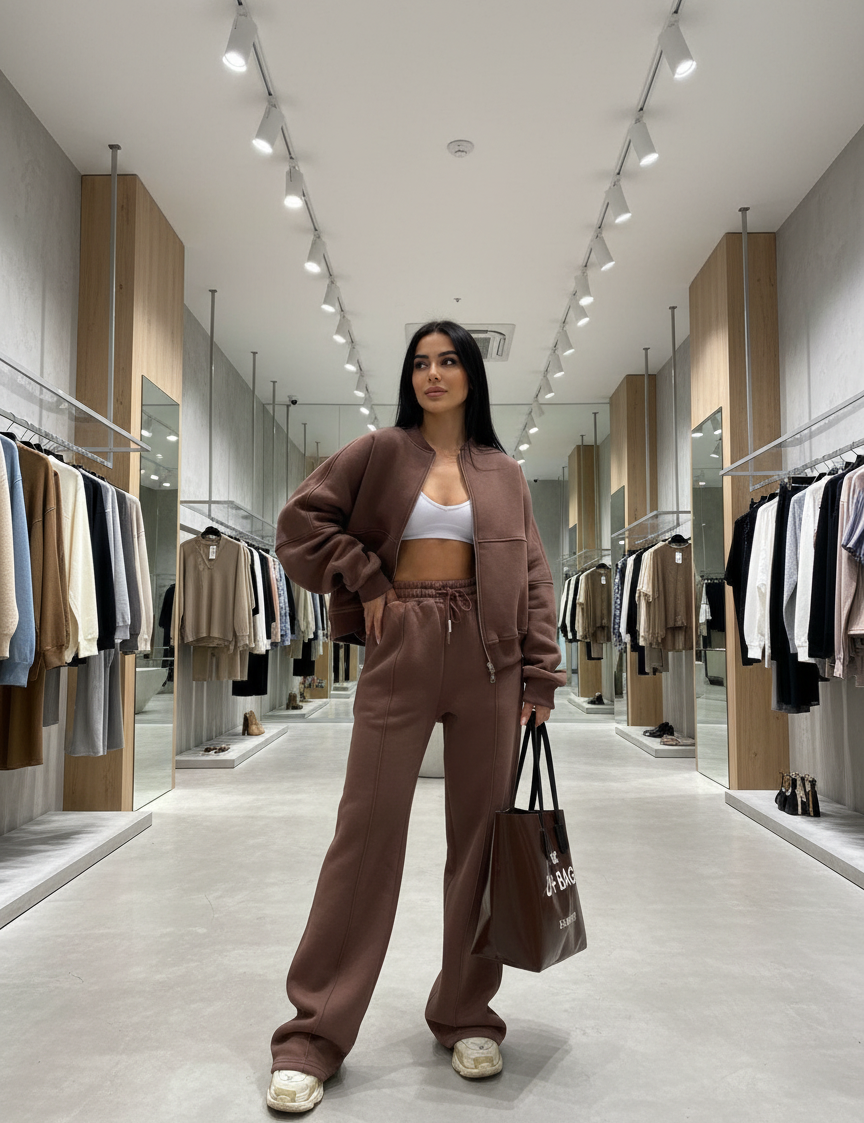 Brown fleece tracksuit side view