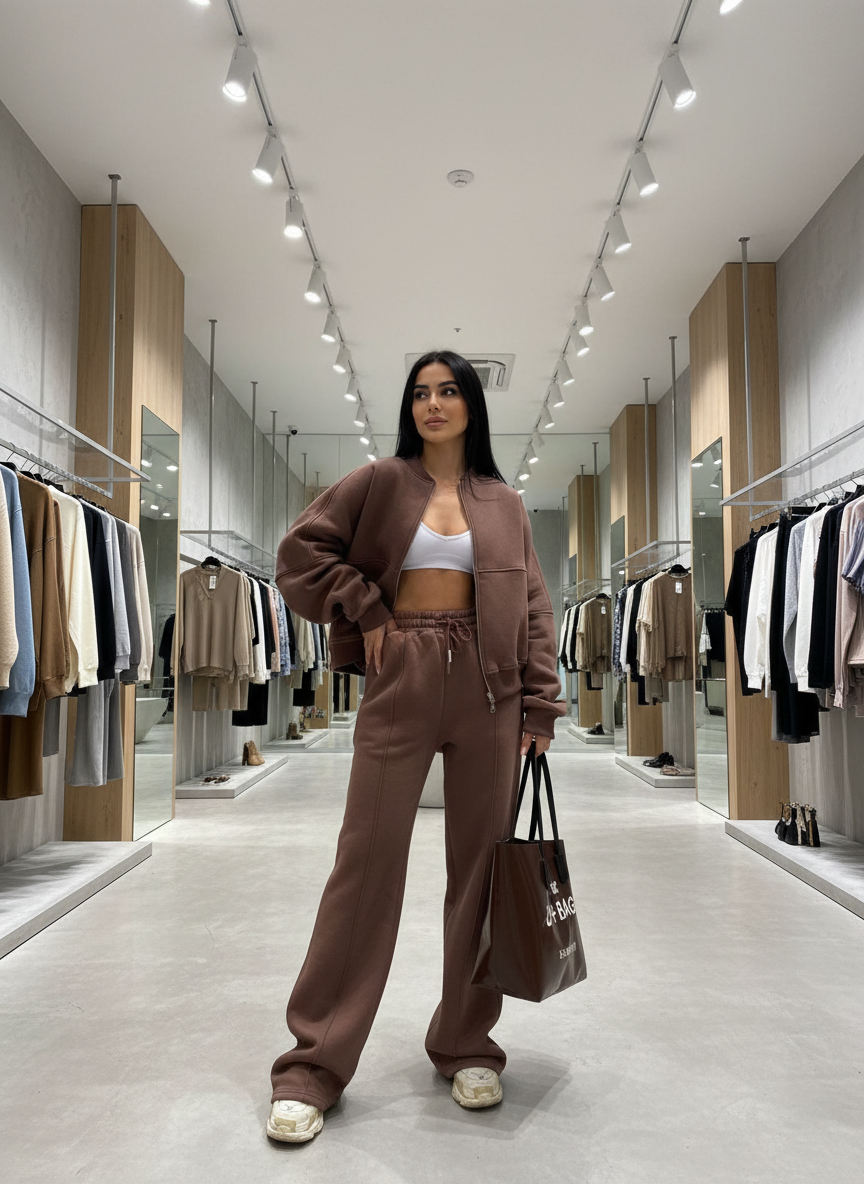 Brown fleece tracksuit side view