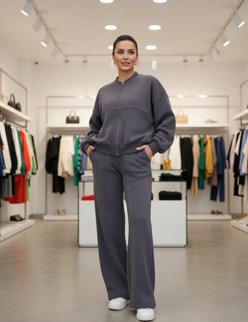 Gray fleece tracksuit store front view