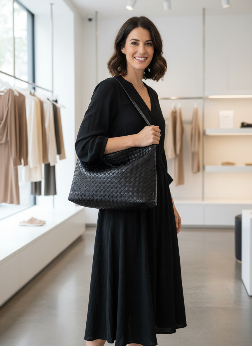 Model holding black woven hobo bag front view