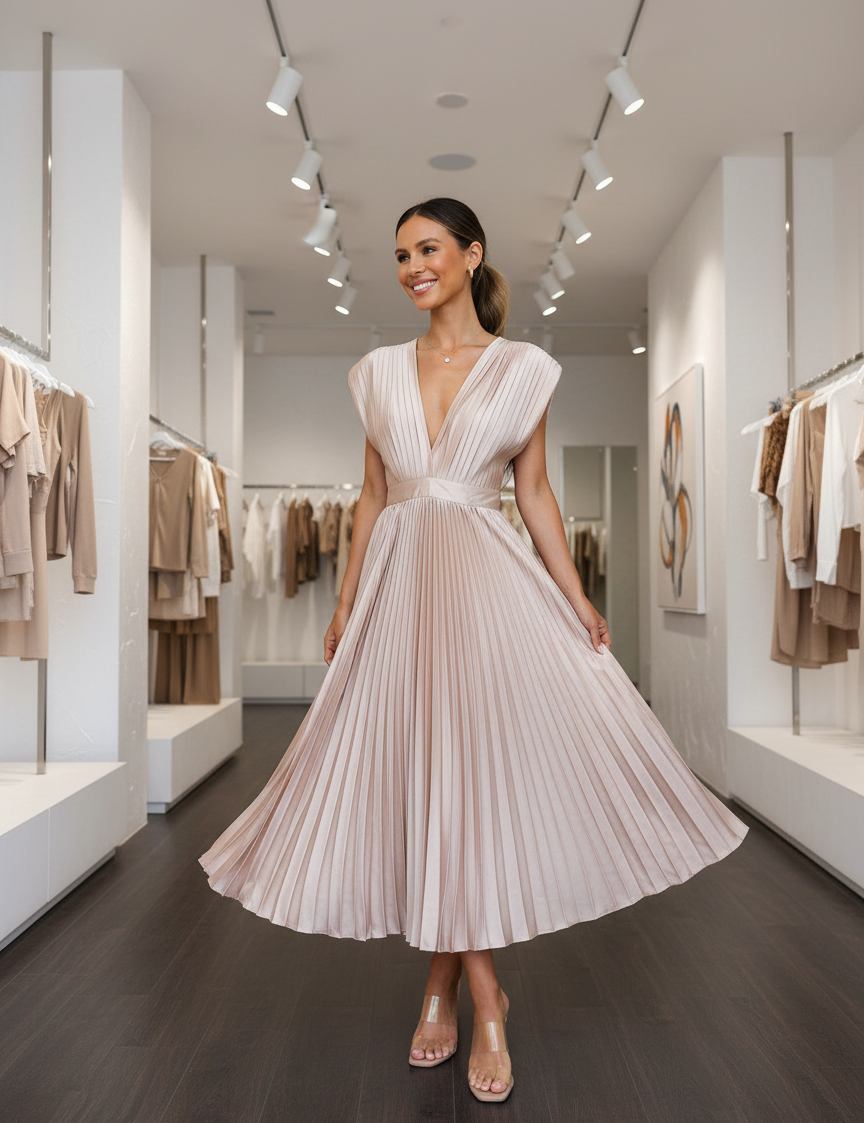 Beige pleated midi dress front view