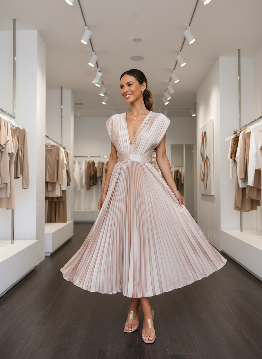 Beige pleated midi dress front view