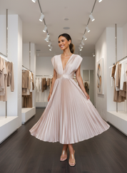 Beige pleated midi dress front view
