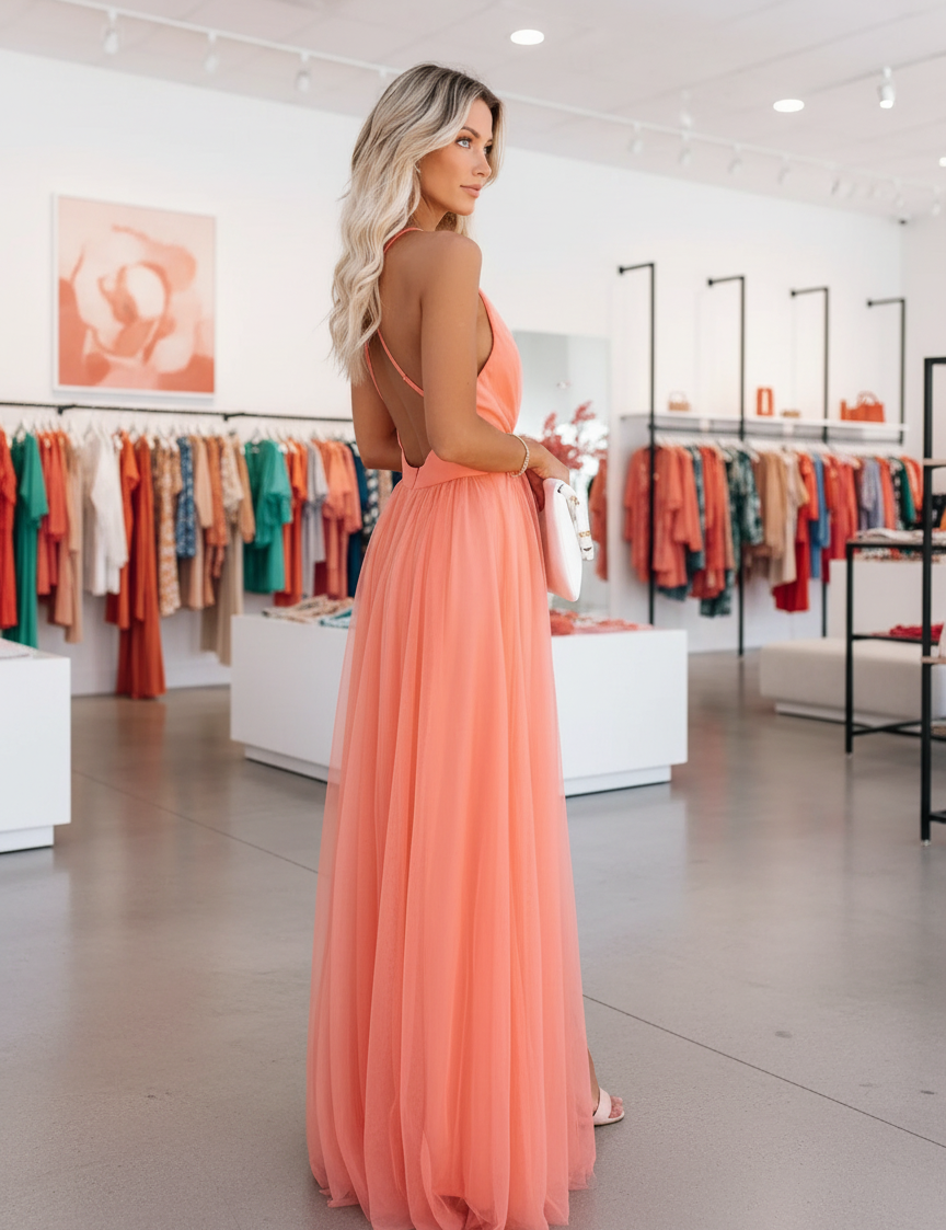 Coral tulle evening dress store setting