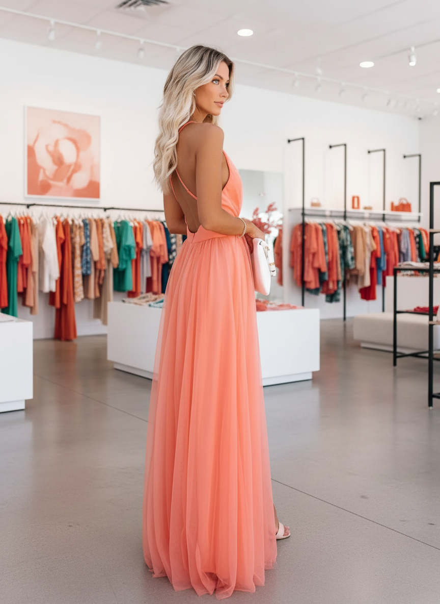 Coral tulle evening dress store setting