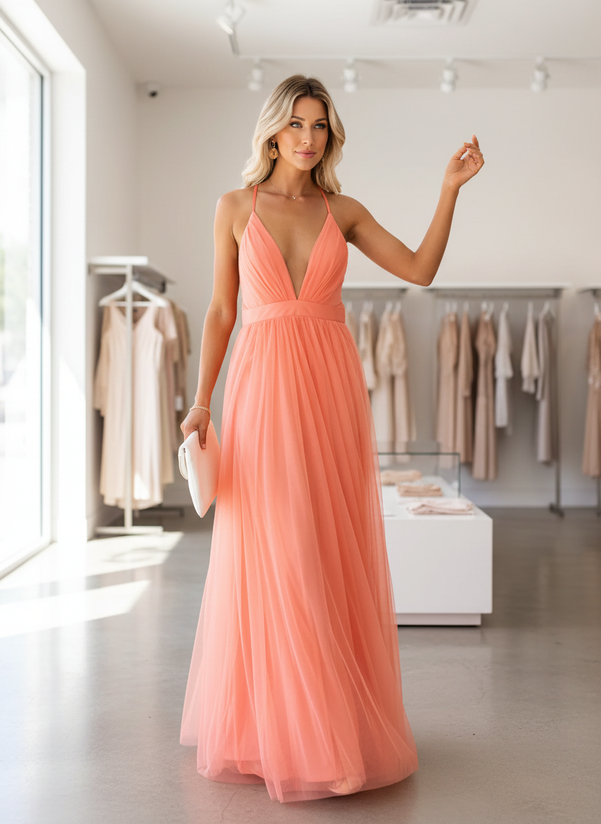 Coral tulle evening dress front pose in store