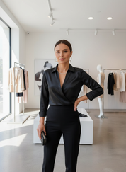 Black satin blouse with V-neck full-body view