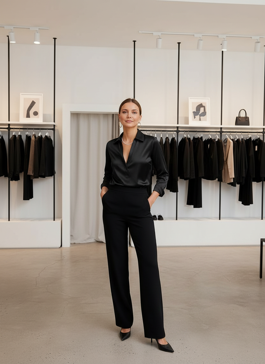 Black satin blouse with V-neck full-body view