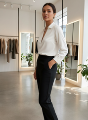 White satin blouse with V-neck side profile