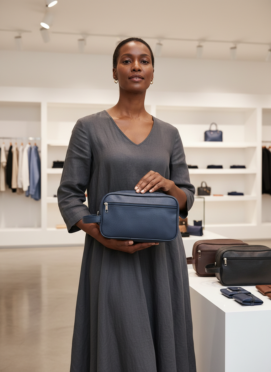 Woman holding navy blue textured toiletry bag front view