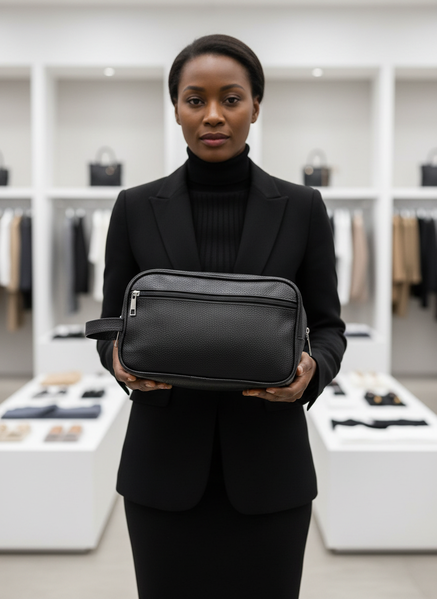 Woman holding black textured toiletry bag front view