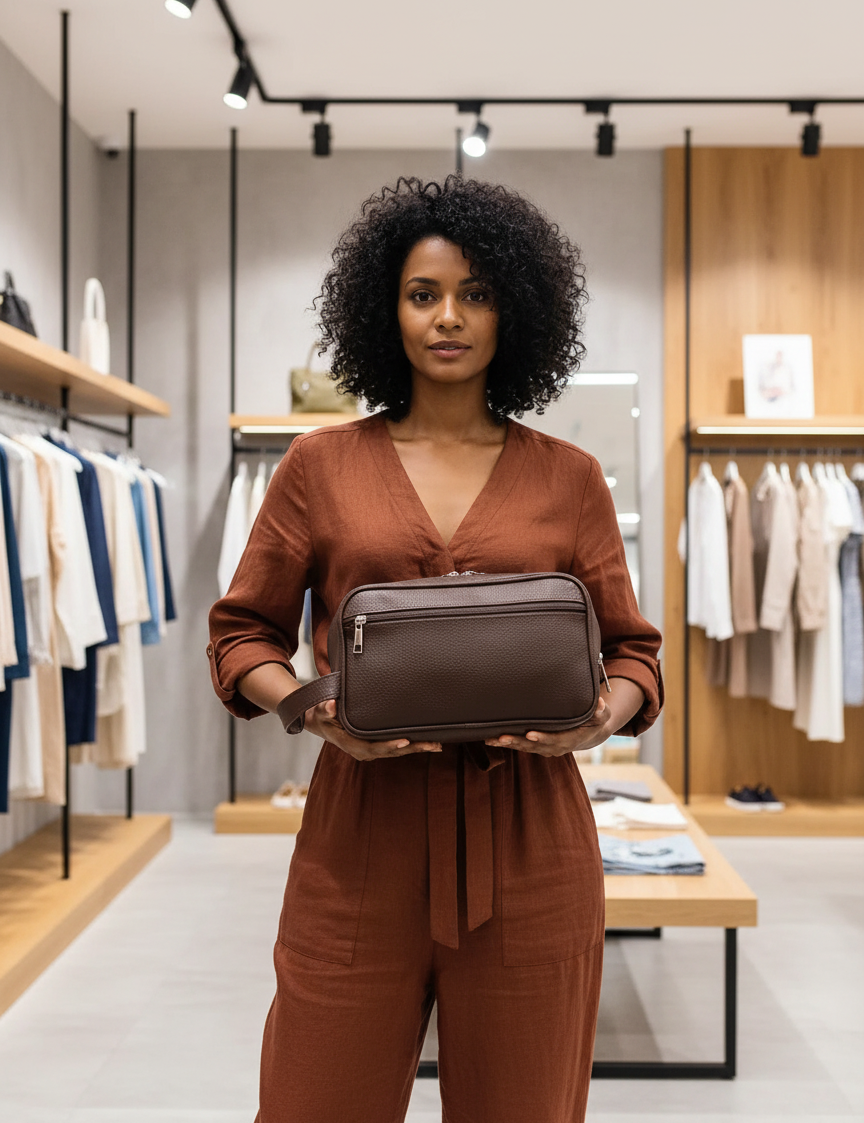 Woman holding brown textured toiletry bag front view
