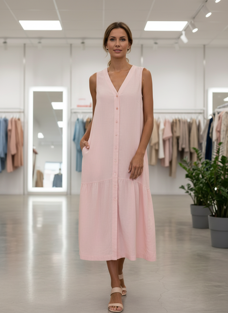 Pink tiered summer dress front view in store