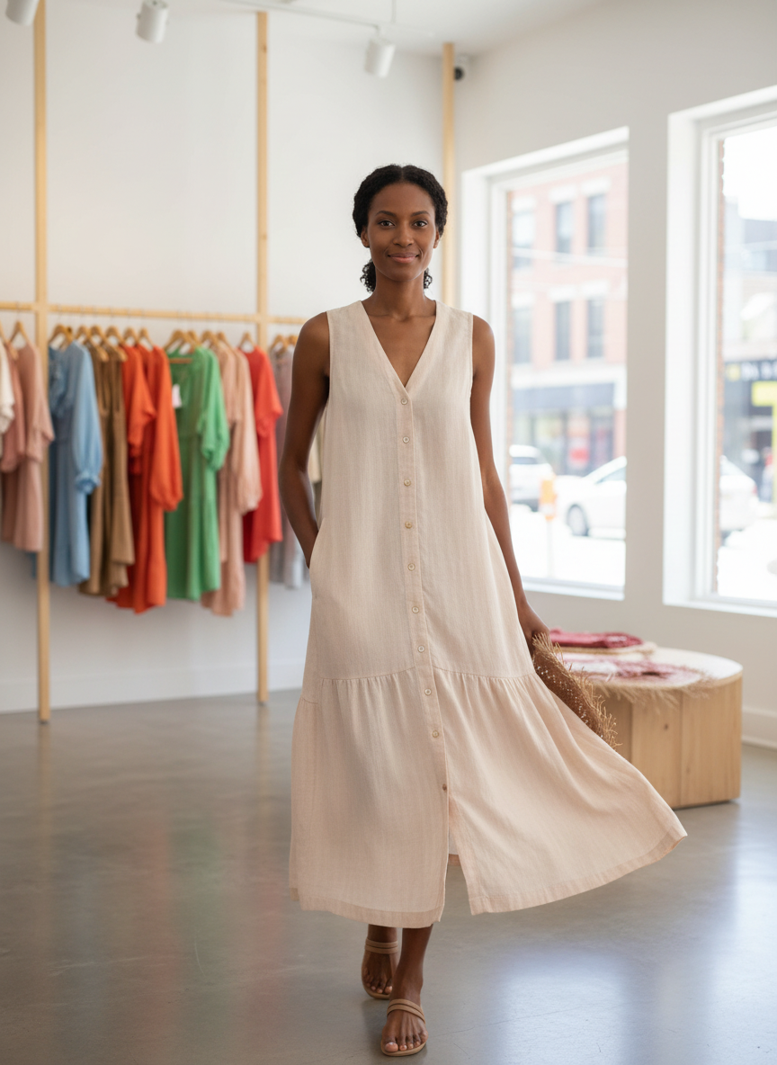 Beige tiered summer dress front view in store