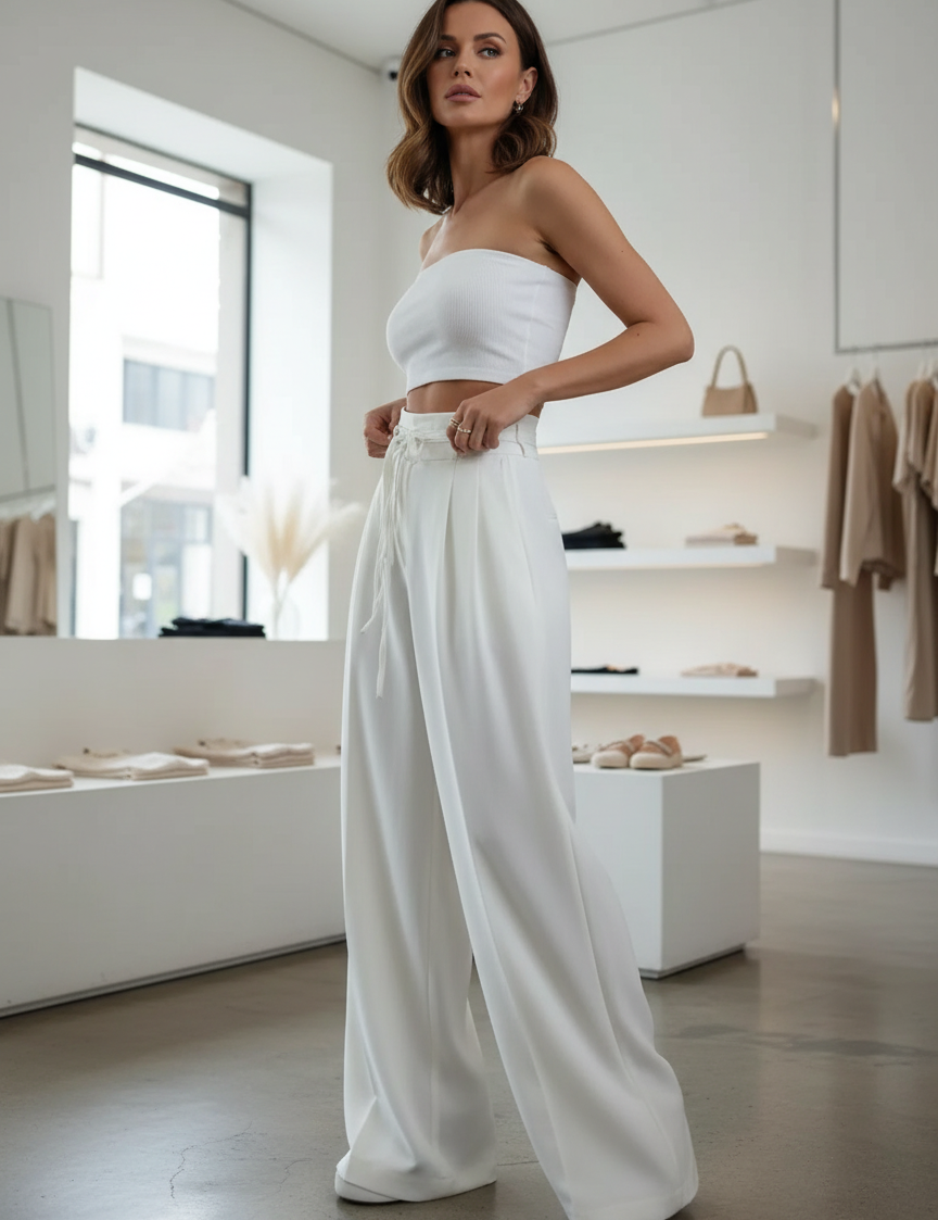 White high-waisted wide-leg pants front view