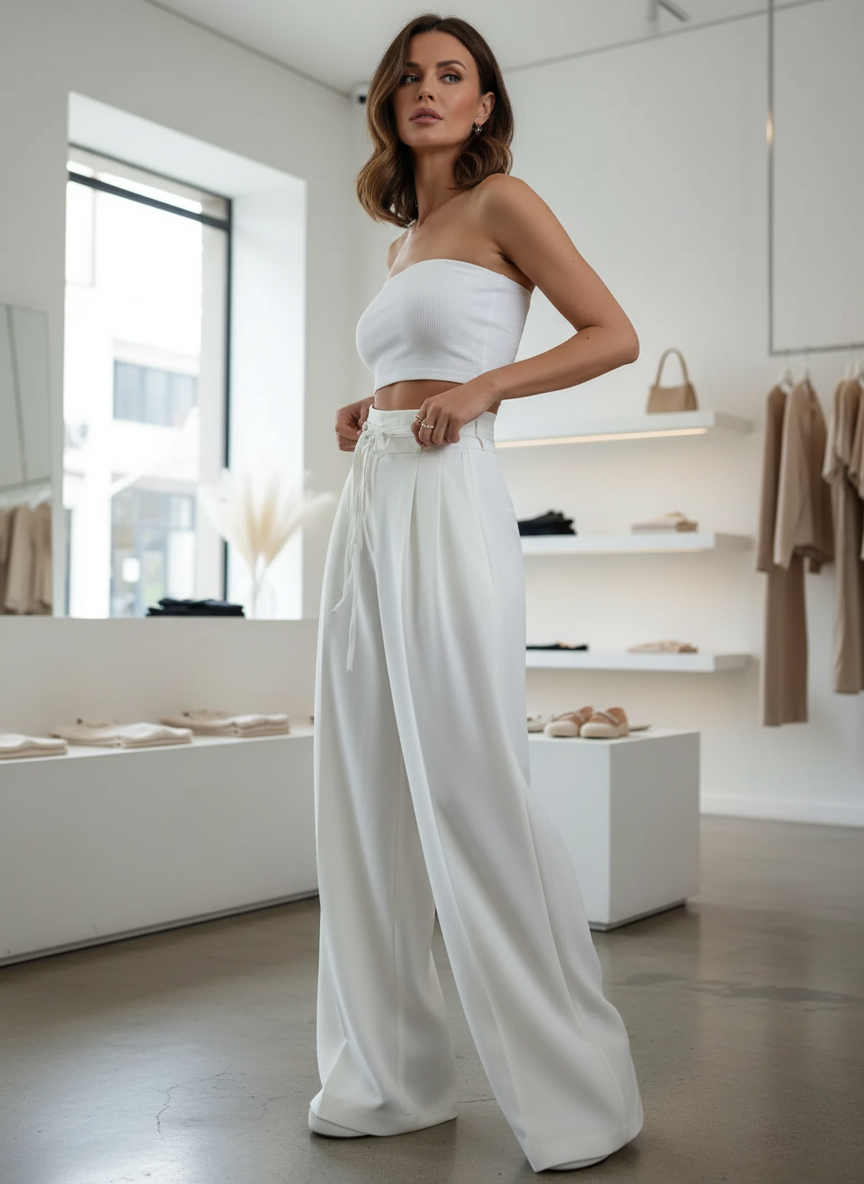 White high-waisted wide-leg pants front view