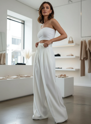 White high-waisted wide-leg pants front view