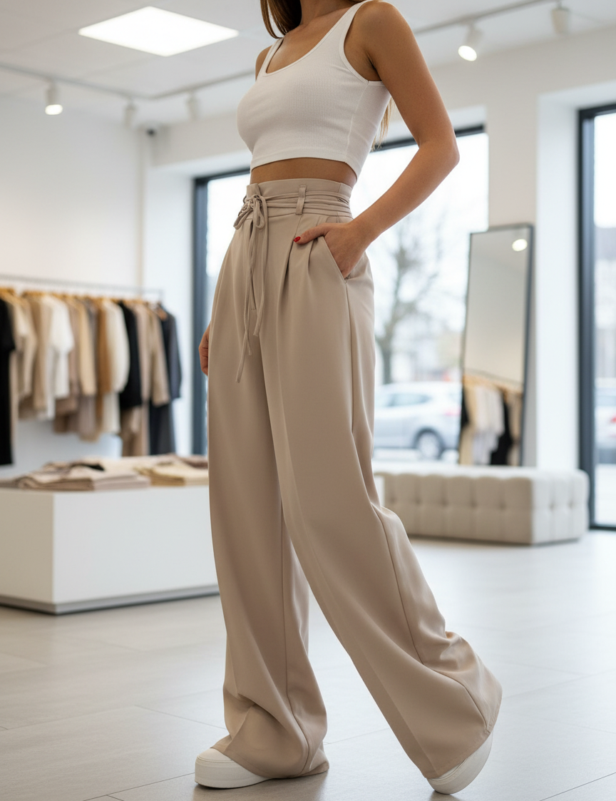 Beige high-waisted wide-leg pants front view