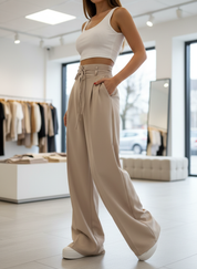 Beige high-waisted wide-leg pants front view
