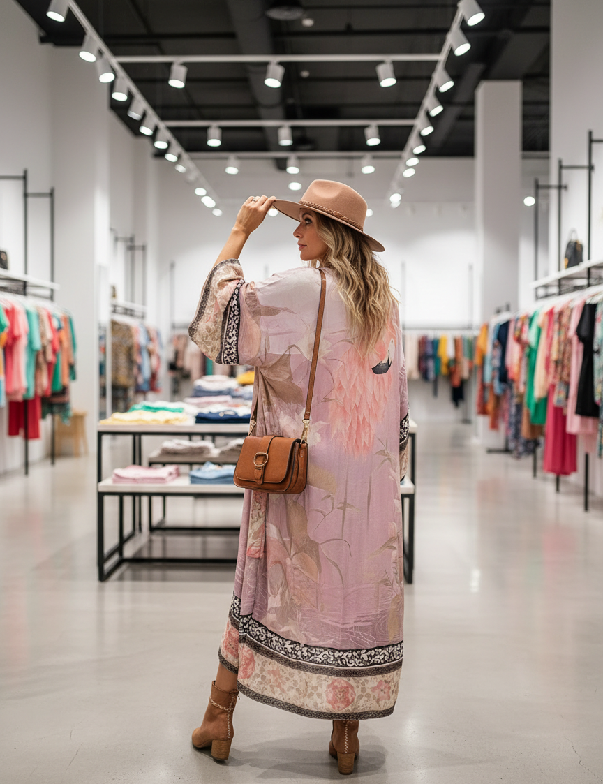 Pink floral robe with lace trim, back view