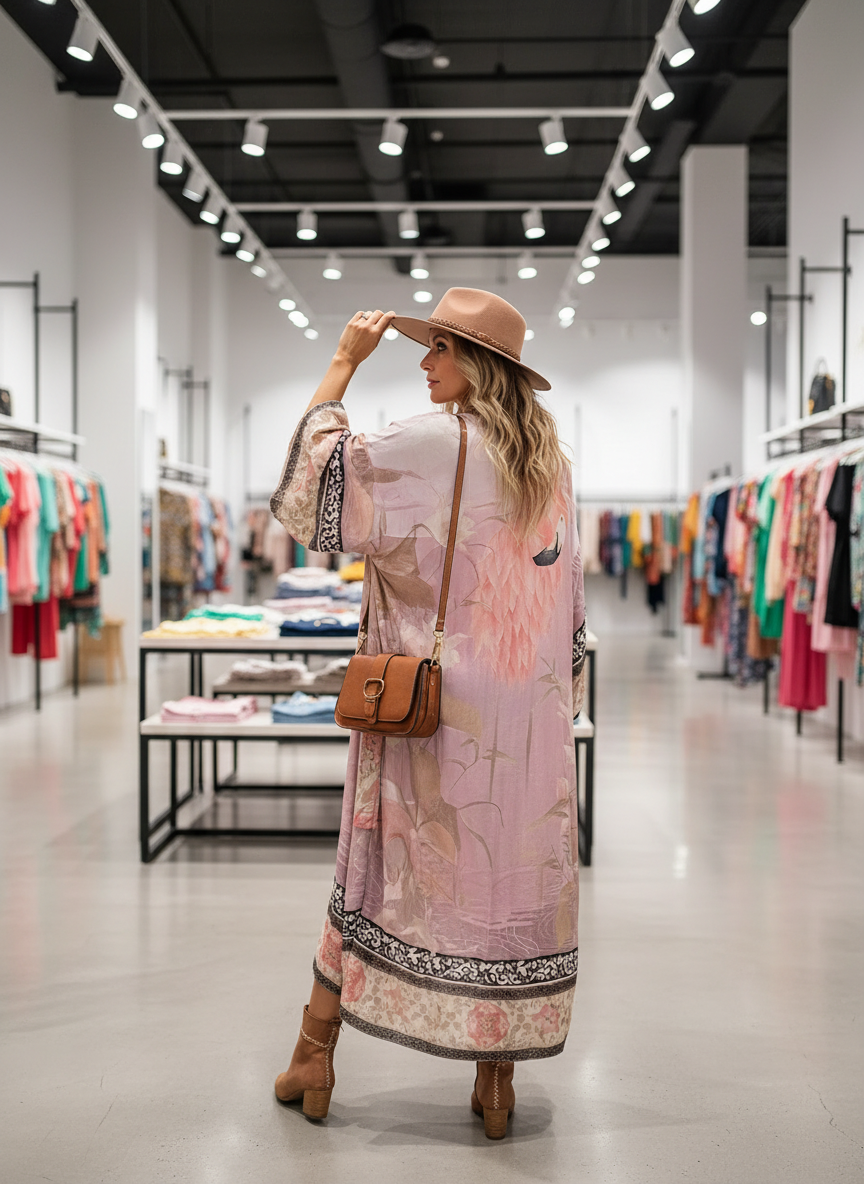 Pink floral robe with lace trim, back view
