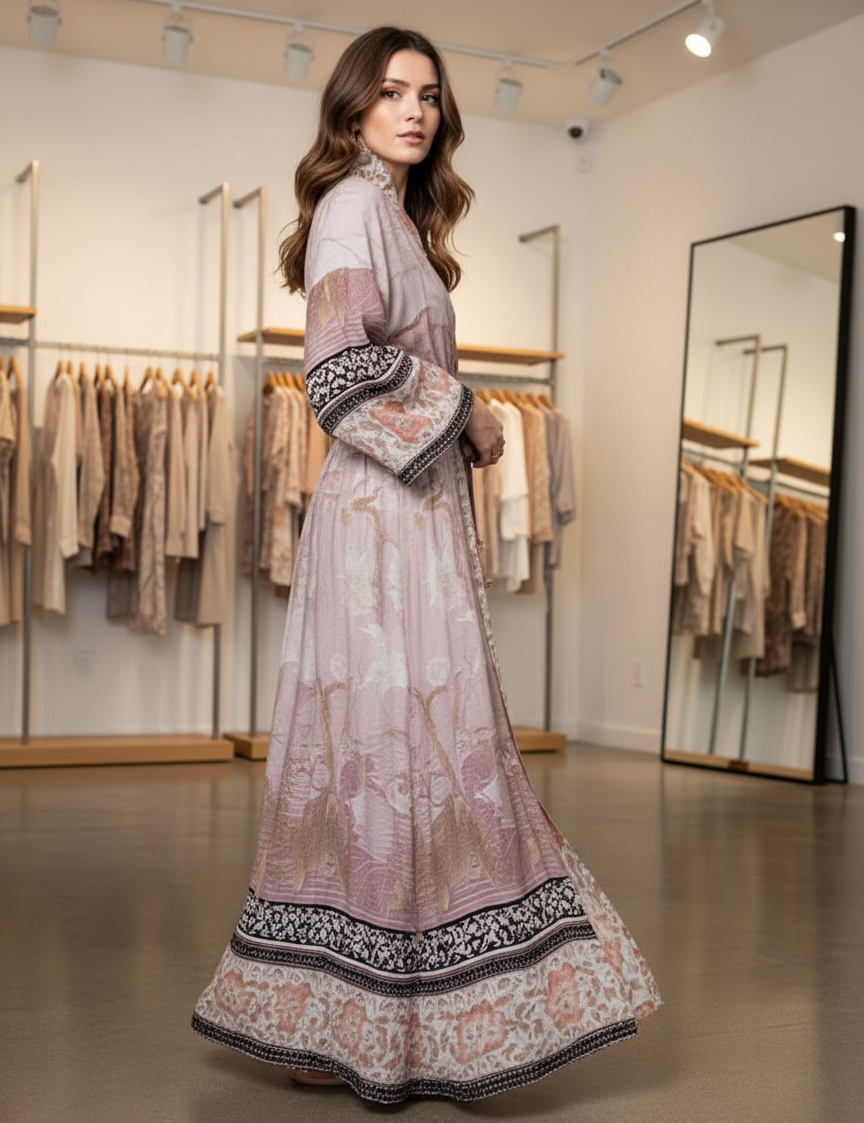Pink floral robe with lace trim, front view