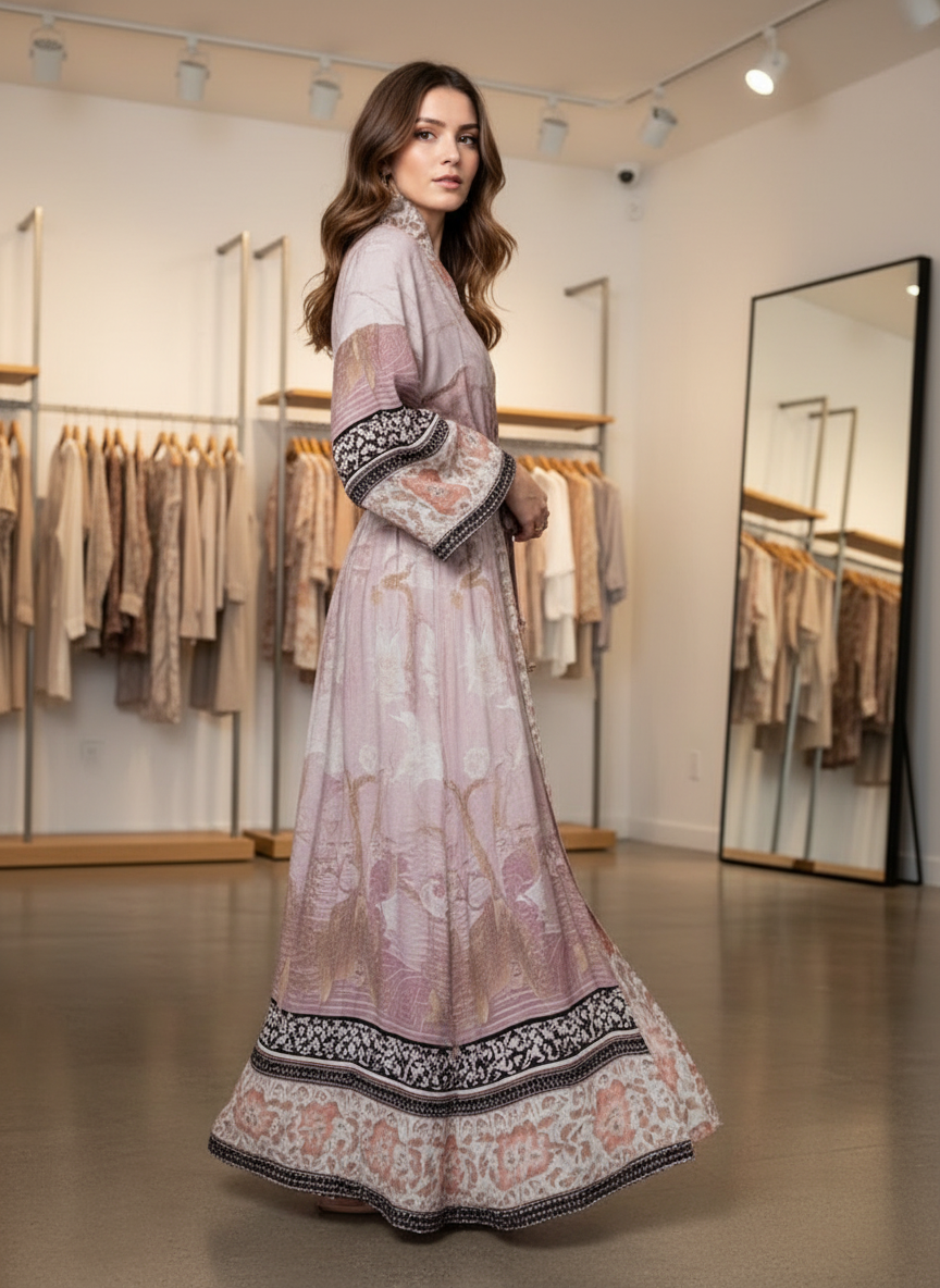 Pink floral robe with lace trim, front view