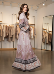 Pink floral robe with lace trim, front view