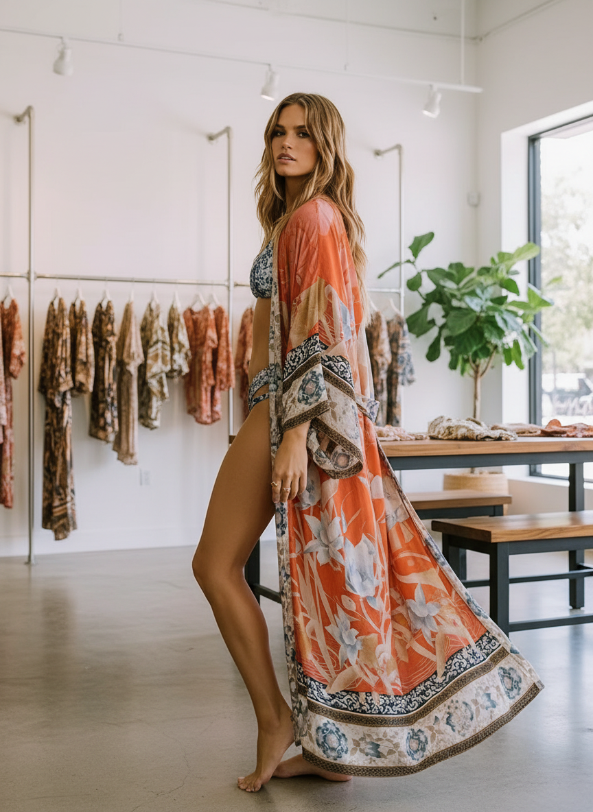 Orange floral robe with lace trim, side view