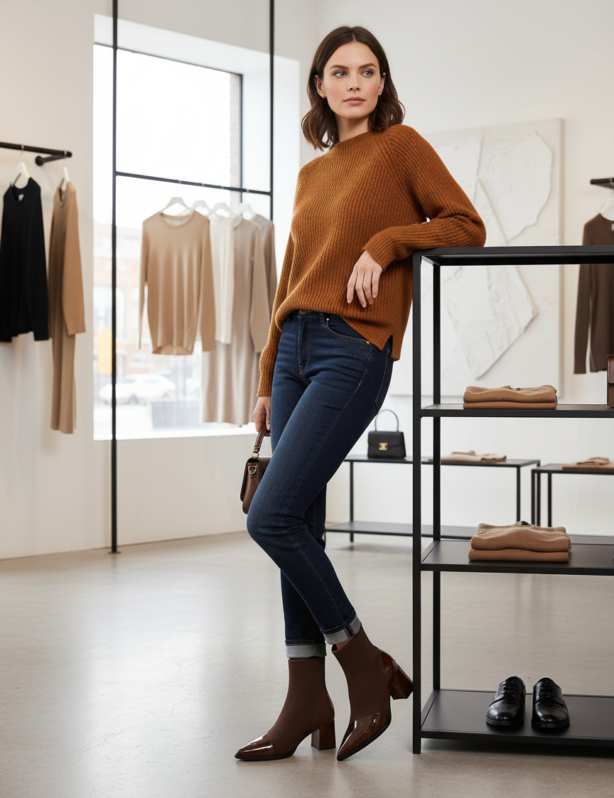 Orange sweater with blue jeans and brown boots side profile