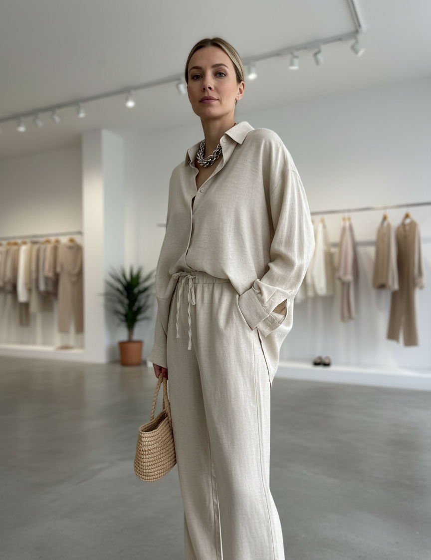 Beige linen jumpsuit with drawstring waist front view