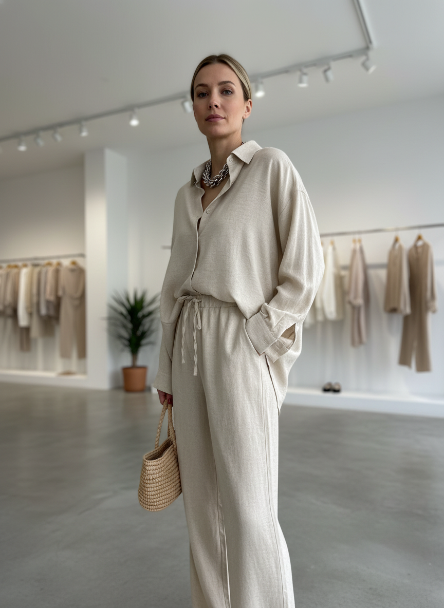 Beige linen jumpsuit with drawstring waist front view