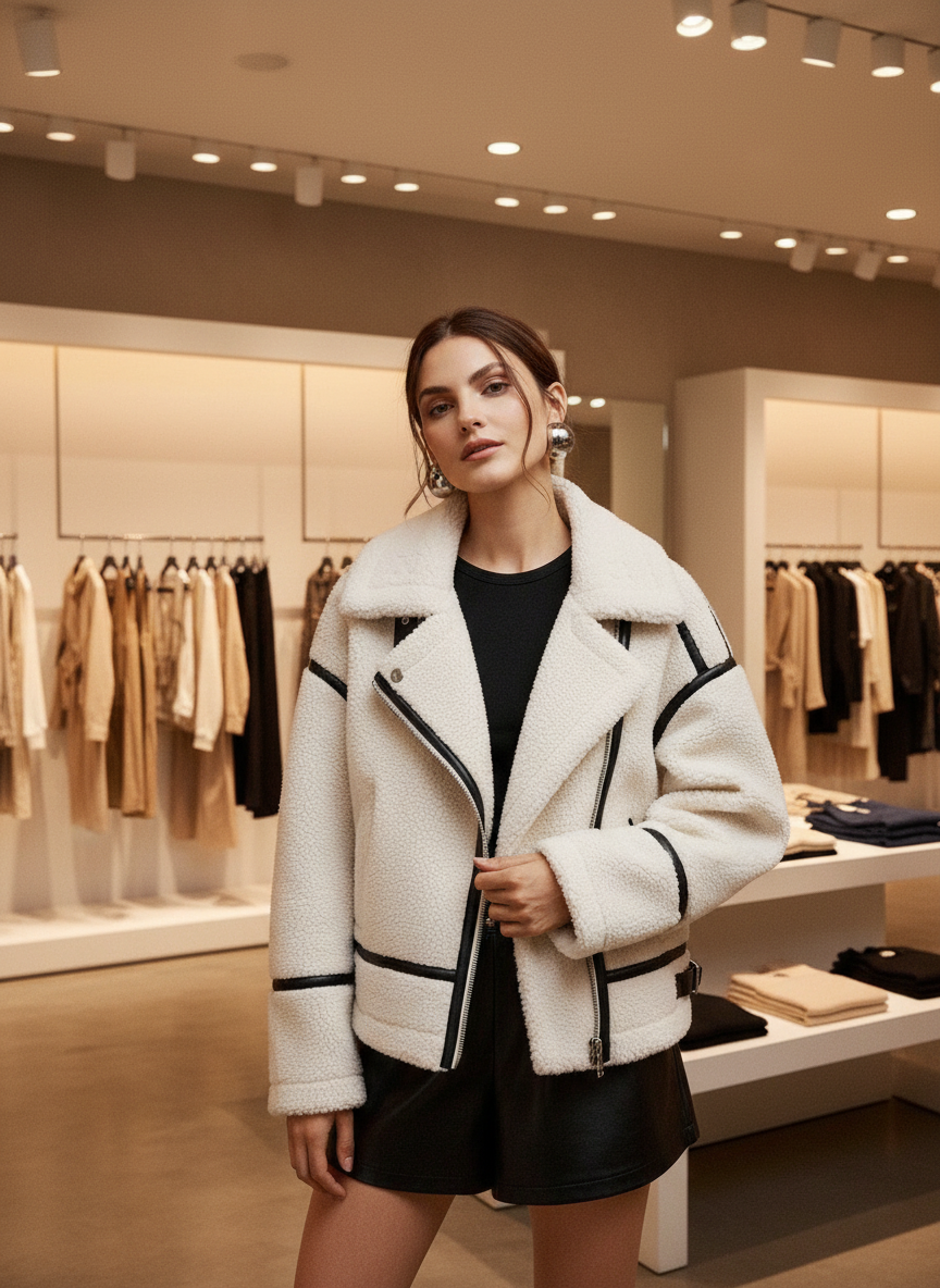 Cream fleece jacket with black trim close-up front view